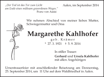 Traueranzeige von Margarethe Kahlhofer von Schwäbische Post