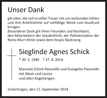 Traueranzeige von Sieglinde Agnes Schick von Gmünder Tagespost