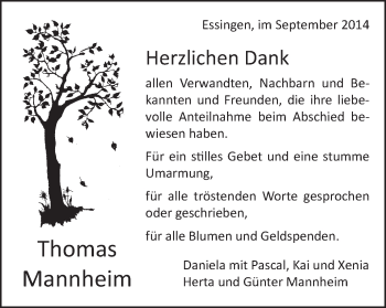 Traueranzeige von Thomas Mannheim von Schwäbische Post