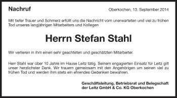 Traueranzeige von Stefan Stahl von Schwäbische Post