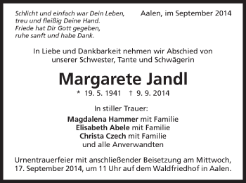 Traueranzeige von Margarete Jandl von Schwäbische Post
