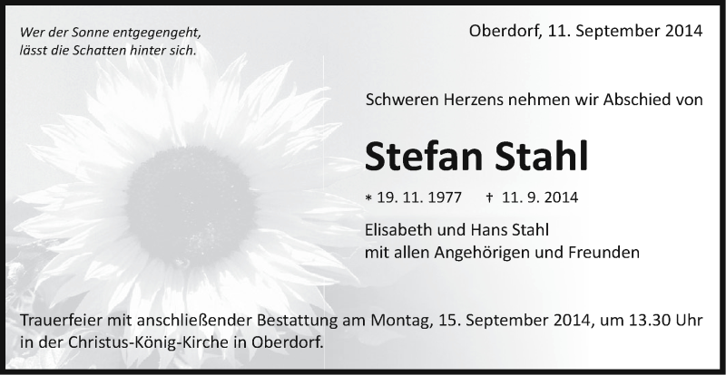  Traueranzeige für Stefan Stahl vom 13.09.2014 aus Schwäbische Post
