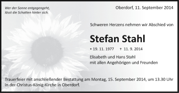 Traueranzeige von Stefan Stahl von Schwäbische Post
