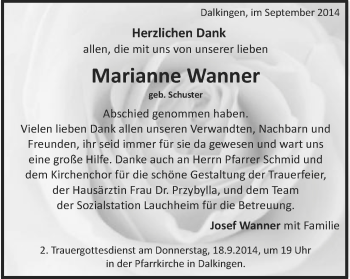 Traueranzeige von Marianne Wanner von Schwäbische Post