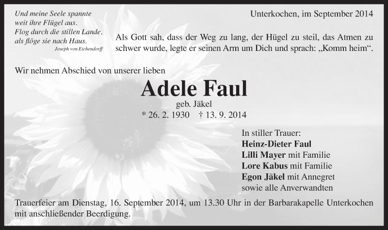  Traueranzeige für Adele Faul vom 15.09.2014 aus Schwäbische Post