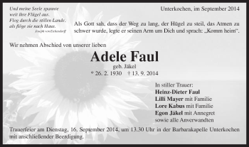 Traueranzeige von Adele Faul von Schwäbische Post