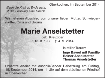Traueranzeige von Marie Anselstetter von Schwäbische Post