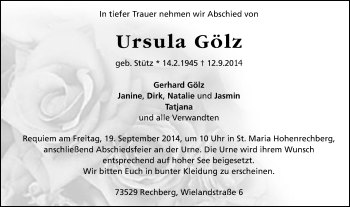 Traueranzeige von Ursula Gölz von Gmünder Tagespost