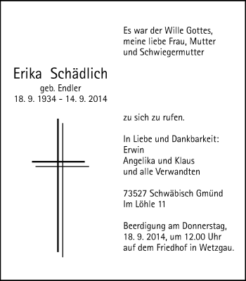 Traueranzeige von Erika Schädlich von Gmünder Tagespost