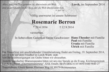 Traueranzeige von Rosemarie Berron von Gmünder Tagespost