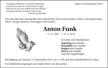 Traueranzeige von Anton Funk von Schwäbische Post