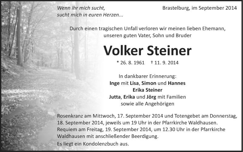  Traueranzeige für Volker Steiner vom 17.09.2014 aus Schwäbische Post