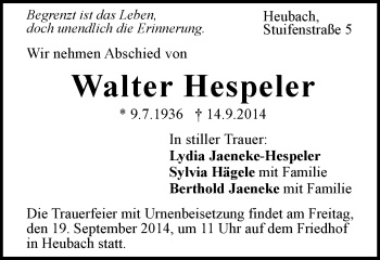 Traueranzeige von Walter Hespeler von Gmünder Tagespost