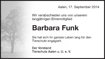 Traueranzeige von Barbara Funk von Schwäbische Post
