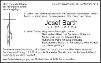 Traueranzeige von Josef Barth von Schwäbische Post