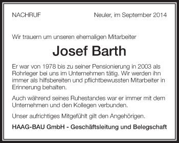 Traueranzeige von Josef Barth von Schwäbische Post