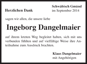 Traueranzeige von Ingeborg Dangelmaier von Gmünder Tagespost