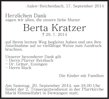 Traueranzeige von Berta Kratzer von Schwäbische Post