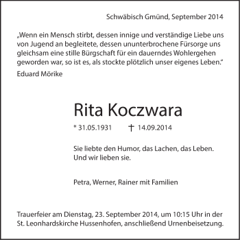 Traueranzeige von Rita Koczwara von Gmünder Tagespost