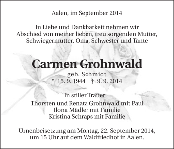 Traueranzeige von Carmen Grohnwald von Schwäbische Post