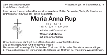 Traueranzeige von Maria Anna Rup von Schwäbische Post