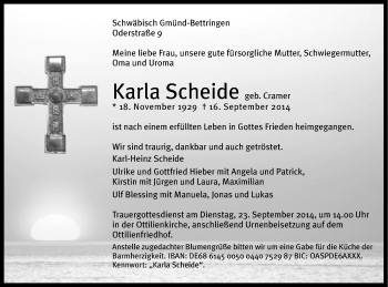 Traueranzeige von Karla Scheide von Gmünder Tagespost