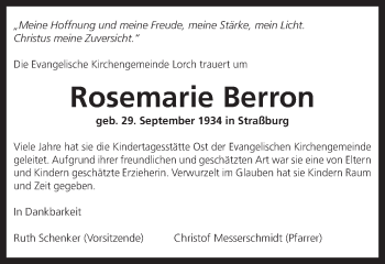 Traueranzeige von Rosemarie Berron von Gmünder Tagespost