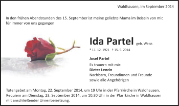 Traueranzeige von Ida Partel von Schwäbische Post