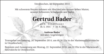 Traueranzeige von Gertrud Bader von Schwäbische Post