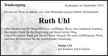 Traueranzeige von Ruth Uhl von Schwäbische Post