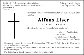 Traueranzeige von Alfons Elser von Gmünder Tagespost