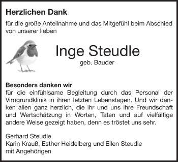 Traueranzeige von Inge Steudle von Schwäbische Post