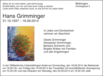 Traueranzeige von Hans Grimminger von Gmünder Tagespost