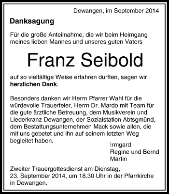 Traueranzeige von Franz Seibold von Schwäbische Post