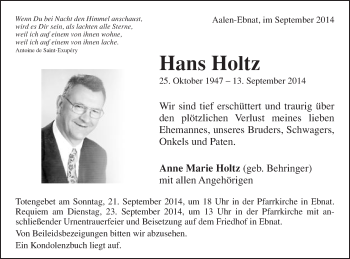 Traueranzeige von Hans Holtz von Schwäbische Post