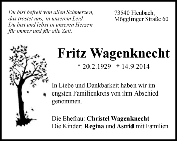 Traueranzeige von Fritz Wagenknecht von Gmünder Tagespost