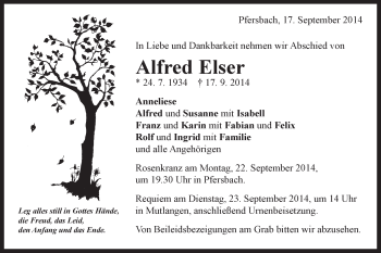 Traueranzeige von Alfred Elser von Gmünder Tagespost