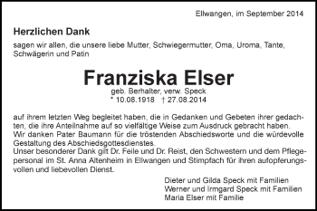 Traueranzeige von Franziska Elser von Schwäbische Post