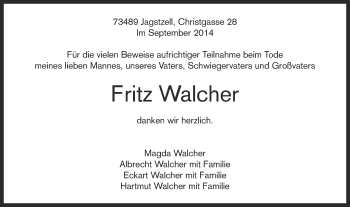 Traueranzeige von Fritz Walcher von Schwäbische Post