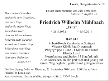 Traueranzeige von Friedrich Wilhelm Mühlbach von Gmünder Tagespost