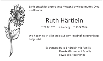 Traueranzeige von Ruth Härtlein von Schwäbische Post