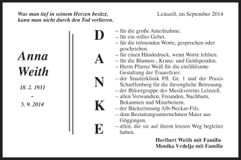 Traueranzeige von Anna Weith von Gmünder Tagespost