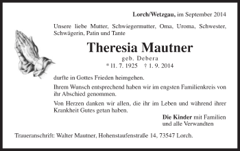 Traueranzeige von Theresia Mautner von Gmünder Tagespost