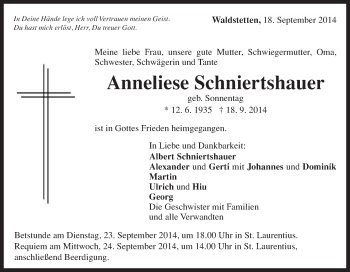 Traueranzeige von Anneliese Schniertshauer von Gmünder Tagespost
