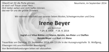 Traueranzeige von Irene Beyer von Schwäbische Post