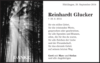 Traueranzeige von Reinhardt Glucker von Schwäbische Post