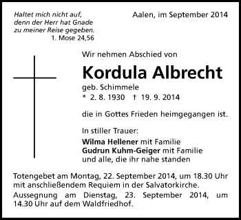 Traueranzeige von Kordula Albrecht von Schwäbische Post