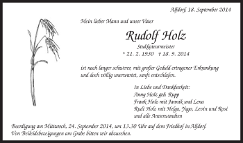 Traueranzeige von Rudolf Holz von Gmünder Tagespost
