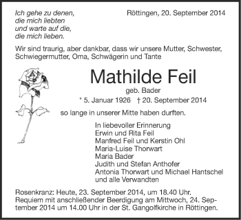 Traueranzeige von Mathilde Feil von Schwäbische Post