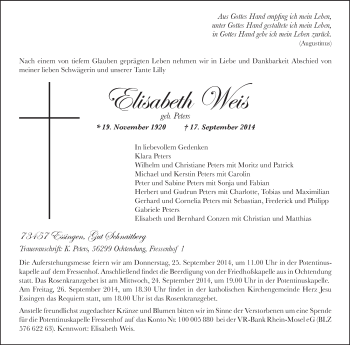 Traueranzeige von Elisabeth Weis von Schwäbische Post